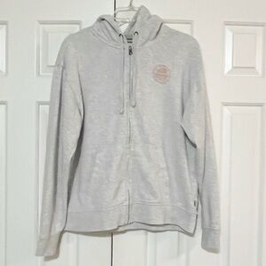 Vans Heather Gray Full Zip Fleece Lined Hoodie w/ pockets and spellout pink logo